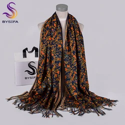 [BYSIFA] Navy Blue Gold Long Scarves Printed For Women Winter Fashion Luxury Cashmere Pashmina Wraps Ladies Fall Neck Head Scarf