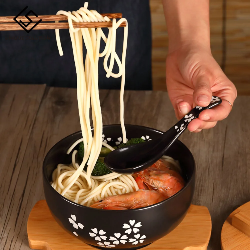 Japanese Style Rice Noodle Bowl with Lid Spoon and Chopstick Kitchen Tableware Ceramic Salad Soup Bowl Food Container Dinnerwaps