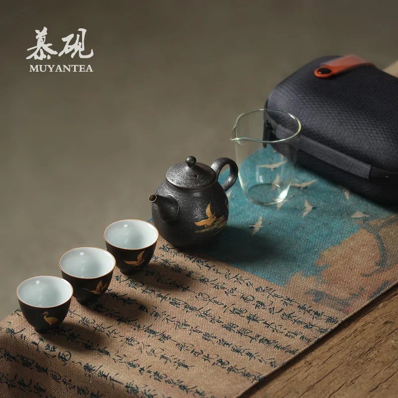 

Muyan Jingdezhen portable travel tea set set set household express cup one pot three cups portable bag ceramic tea cup