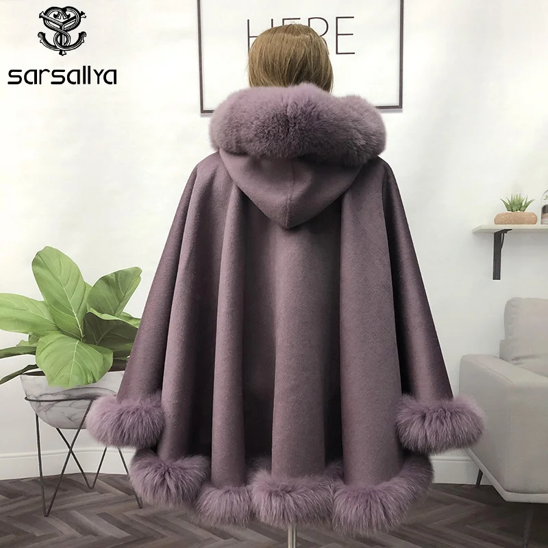 Women Fur Poncho Cardigan Real Fox Fur Coats Wool Warm Ponchos 2021 Fox Fur Collar Jacket Autumn Winter Black Cloak Outwear Tops