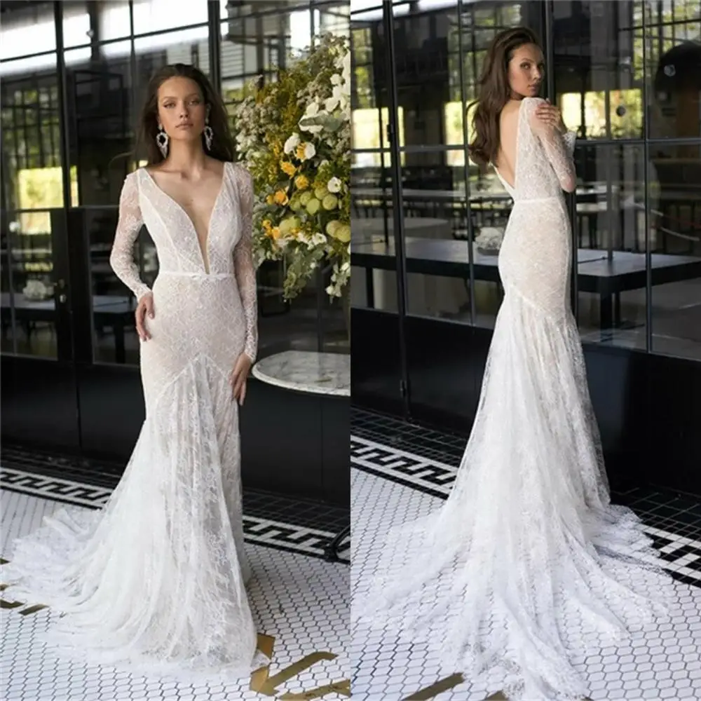 Robe de mariée sirène en dentelle, col en V, manches longues, avec des appliques, sur mesure, dos nu, avec traîne, 2020