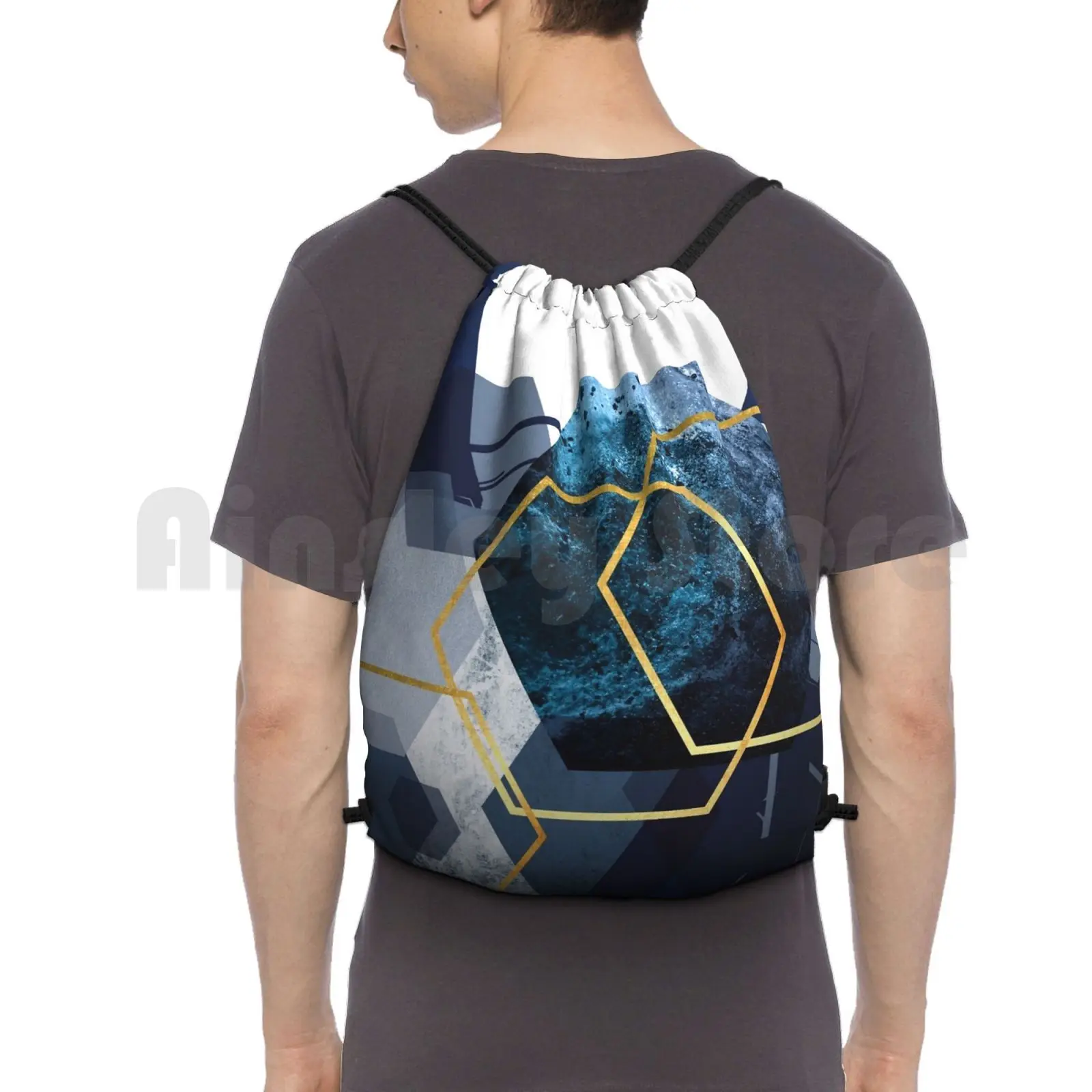 

Abstract Landscape Part 2 Backpack Drawstring Bags Gym Bag Waterproof Abstract Geometric Navy And Gold Navy Blue Blue And