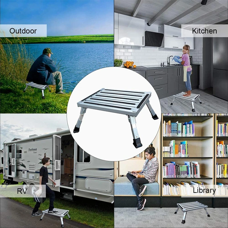 RV Platform Step Stool Adjustable Height Aluminum Folding For Home GarageTruck Or Van Supports Up To 1000lbs Caravan Accessories