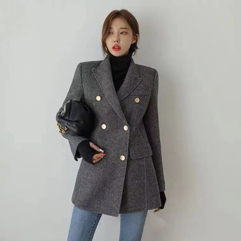 Korean Style Women Gray Woolen Suit Coats Autumn Winter Thicken Slim Jackets Fashion Female Mid Length Outerwear