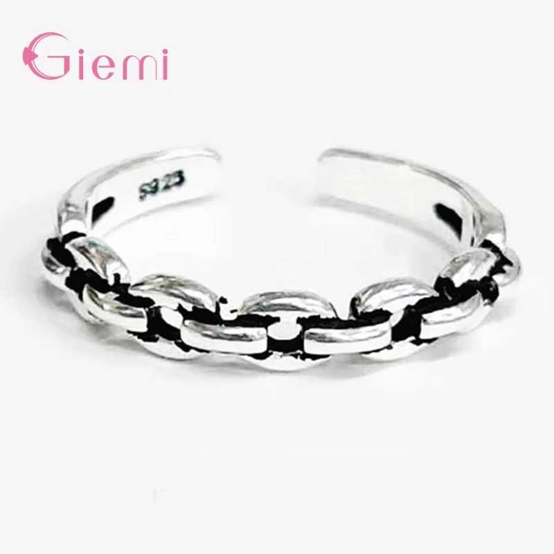 Shining Authentic 925 Silver  Wide Link Chain Pattern Adjustable Finger Rings For Women Wedding Engagement Jewelry