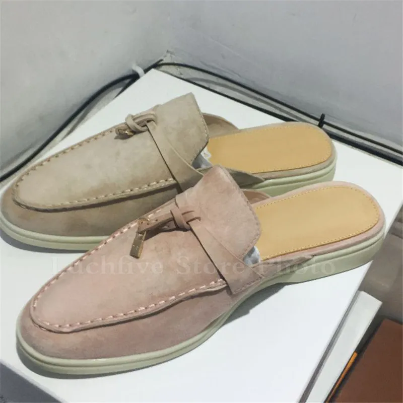 High-quality Suede Leather Mules Women Round Toe Slip-on Loafers Shoes Ladies Metal Decor Fringed Casual Flat Shoes Mujer
