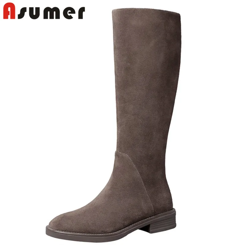 ASUMER 2021 hot sale suede leather knee high boots women round toe zip comfortable low heel knee high boots ladies riding boots