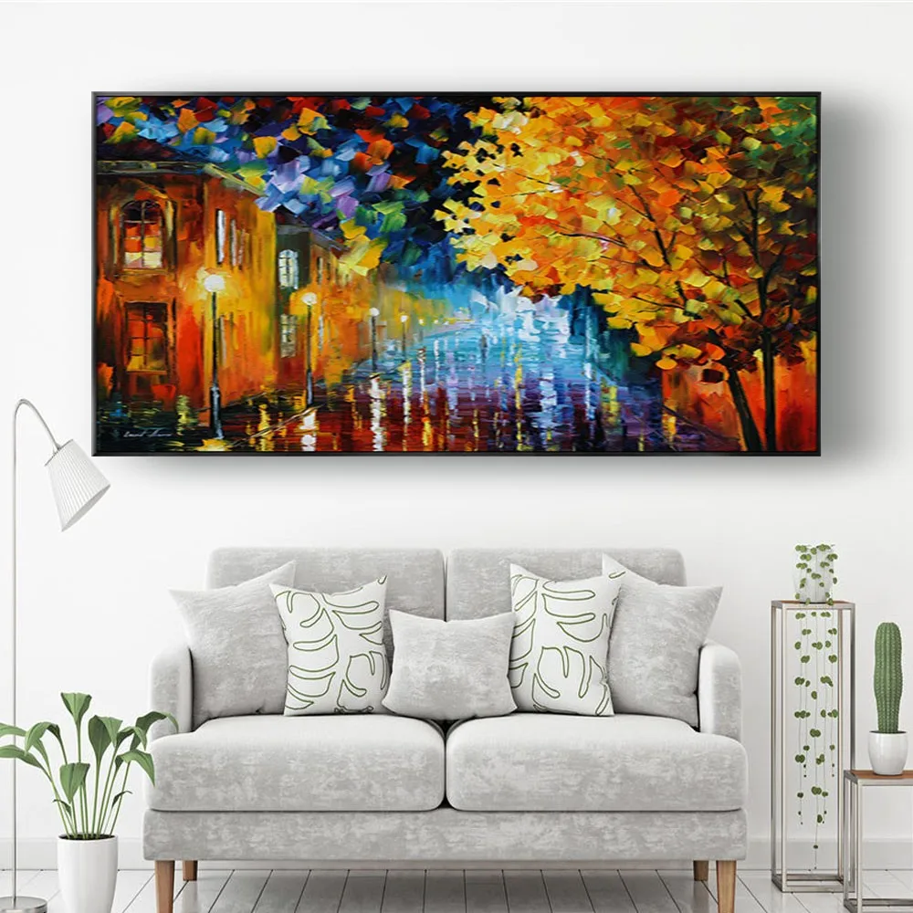 Large 100% Hand-Painted Oil Paintings Abstract City Night Scene Knife Painting Canvas Picture Hotel Office Decor Art Mural