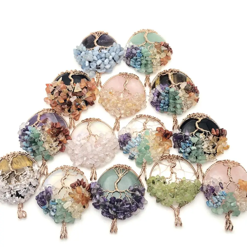 Natural Stone Fashion 7 Chakra Tree of Life Reiki Pendant Necklace Hand Made Rose Gold Wire Wrap Healing Quartz Crystal Pendants