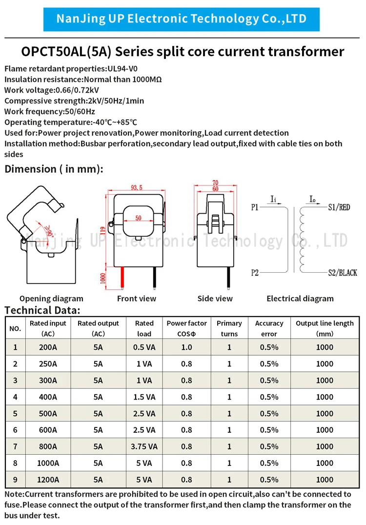 Split Core Current Transformer Electrical OPCT50AL-400/5 500/5 600/5 800/5 1000/5 1200/5 3 Phase Clamp On CT for Meter