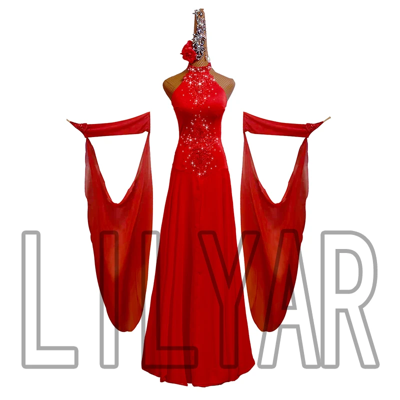 Ballroom  Standard Competition  Show  Custom New Adult Red Embroidery Slim Dance Dress