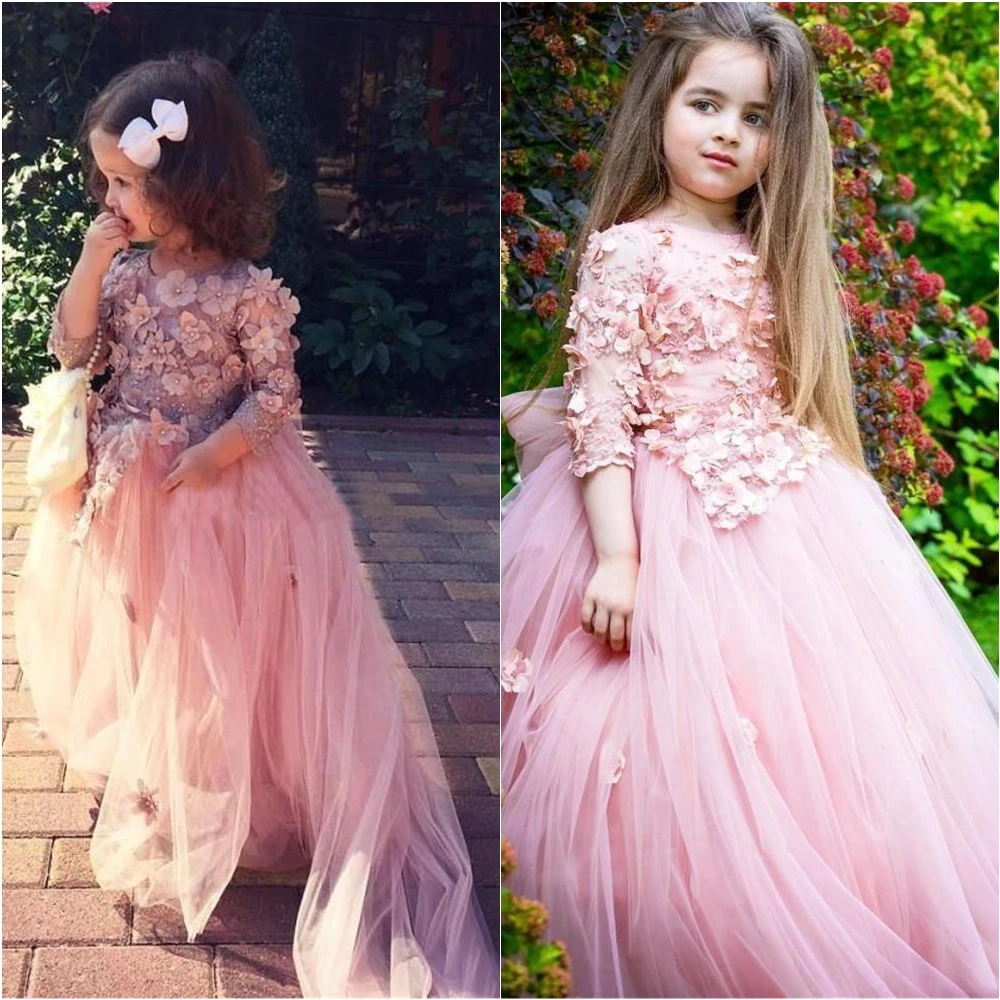 

Kids Formal Wear Girls Pageant Birthday Christmas Baby Children Party Dress Flower Girls Dresses O-Neck Three Quarter Tulle