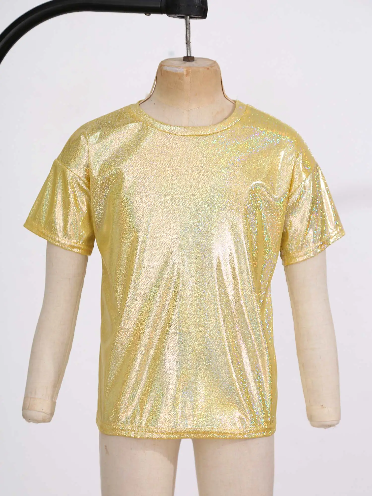 Kids Girls Boys Jazz Dance Tops Metallic Shiny Dancing Clothes Hip-hop Sequins Loose Short-sleeved T-shirts Street Dance Clothes