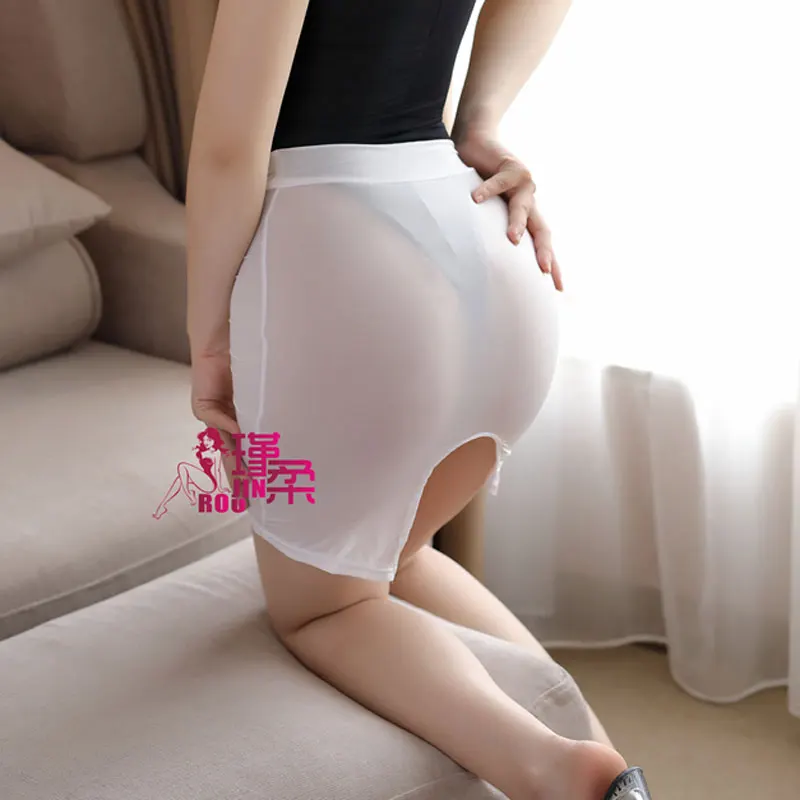 

Sexy Women High Cut Tight Pencil Cute Skirt Ice Silk Smooth See Through Micro Mini Skirt Transparent Night Club Skirt High