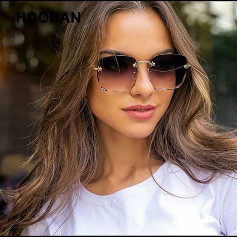 HOOBAN Brand Designer Square Sunglasses Women Fashion Rimless Cut Edge Sun Glasses For Ladies Classic Gradient Eyeglasses UV400