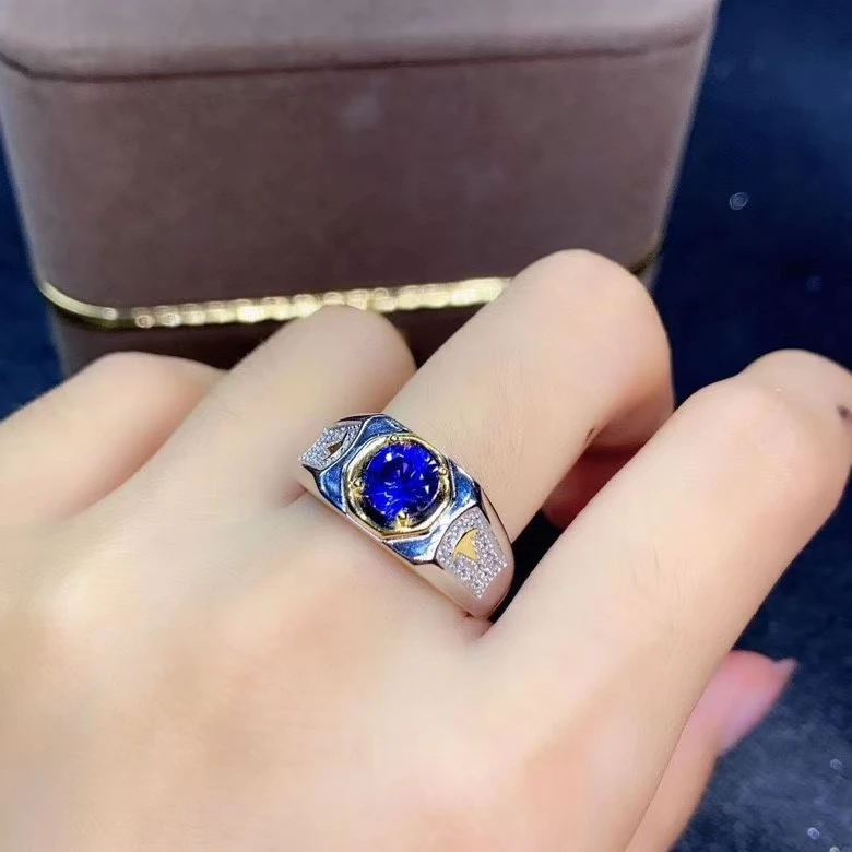 exquisite royal blue sapphire gemstone ring for men ring natural gem good cut 925 sterling silver birthday gift size 6x6mm - view 2