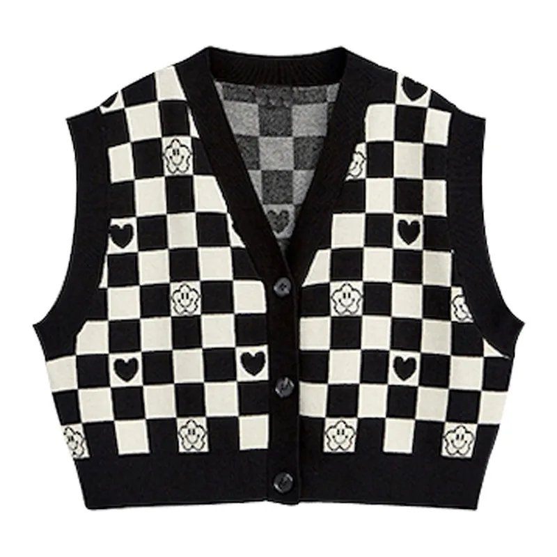 Checkerboard Plaid Sweater Vest For Women Vintage Print Knitted Mini Vest Casual Streetwear Harajuku Clothing Autumn Top