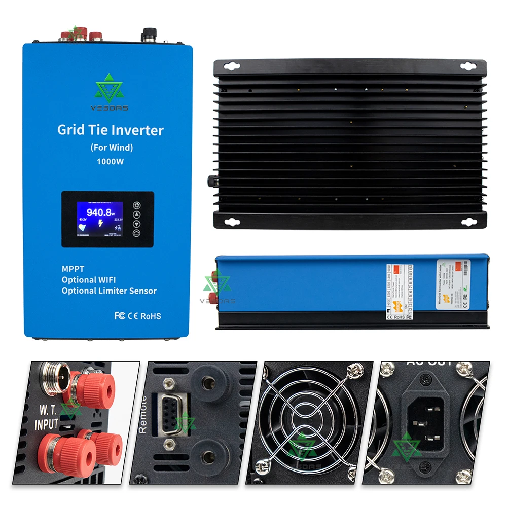 1000W 2000W MPPT Wind Power Grid Tie Inverter With 3M Limiter Sensor RS485 110V 220VAC For 24V 48V AC Wind Turbine Generator