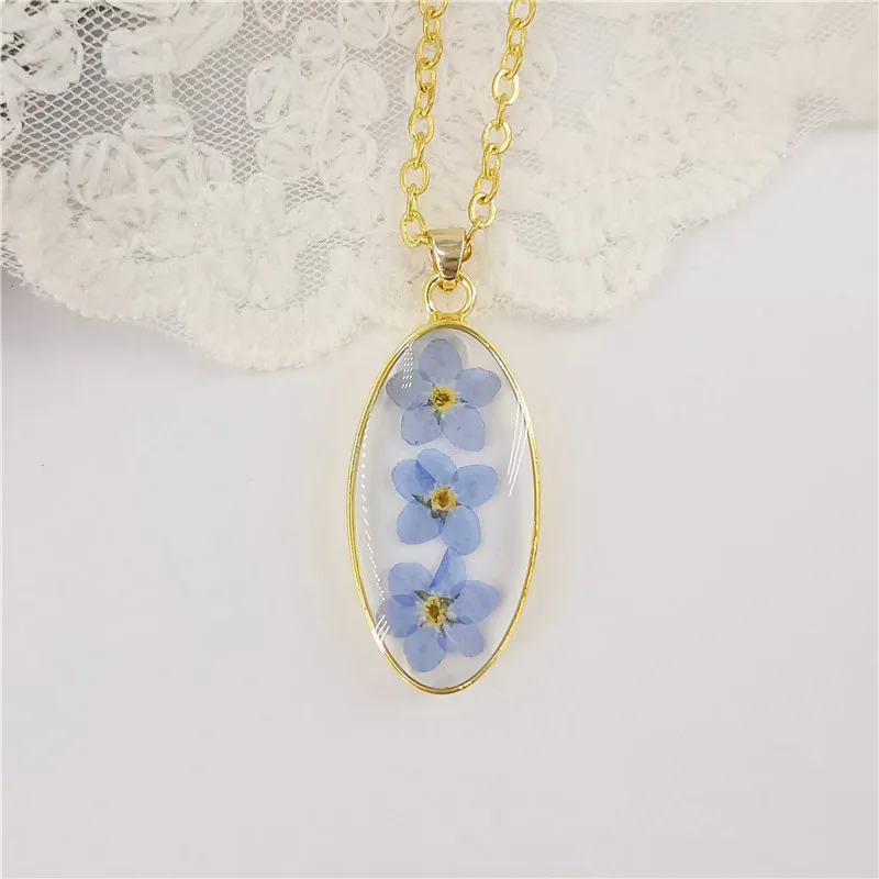 2022 Charm Oval Dried Flower Pendant Fashion Real Flower Resin Pendant Necklace Do not forget me Necklace Rose Women's Jewelry