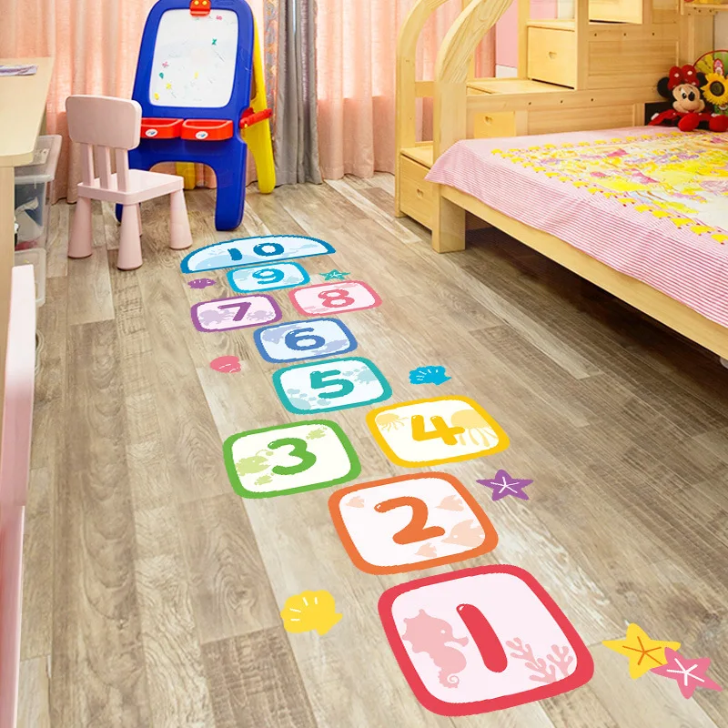 Kindergarten Ground Floor Stickers Long Jump Small Footprints Sticker Child Hopscotch Airplane Jumping Grid Number Game Stickers