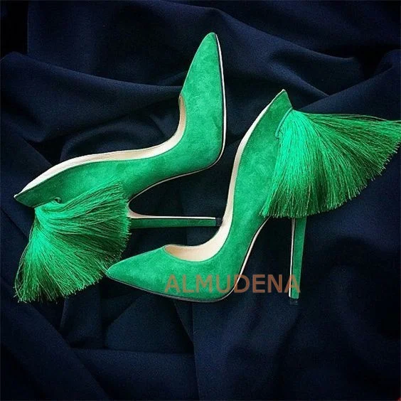 

Pointy Toe Stiletto Back Fringed High Heels Women's Spring Sexy Suede Pumps New Stylish Green\Yellow\Purple Daily Dress Shoes