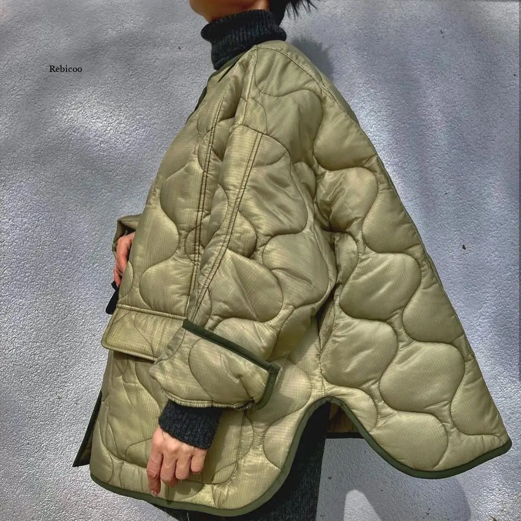 Designer Autumn Winter Army Green PufferJackets for Women Casual Fashion Warm Breasted Cotton Quilted Coat Pockets