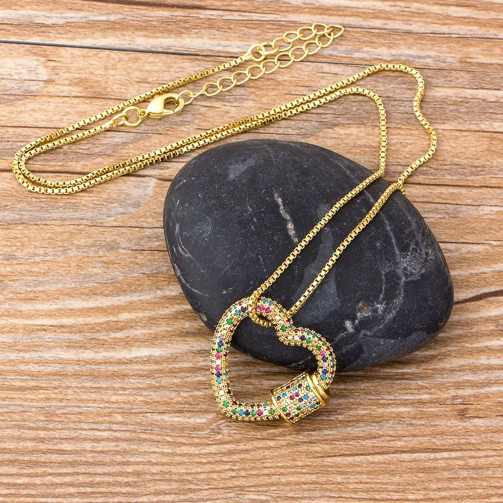 Classic Rainbow CZ Micro Pave Lock Carabiner Pave Lock Heart Shaped Copper Zirconia Clasp Necklace Jewelry Gift For Women Men