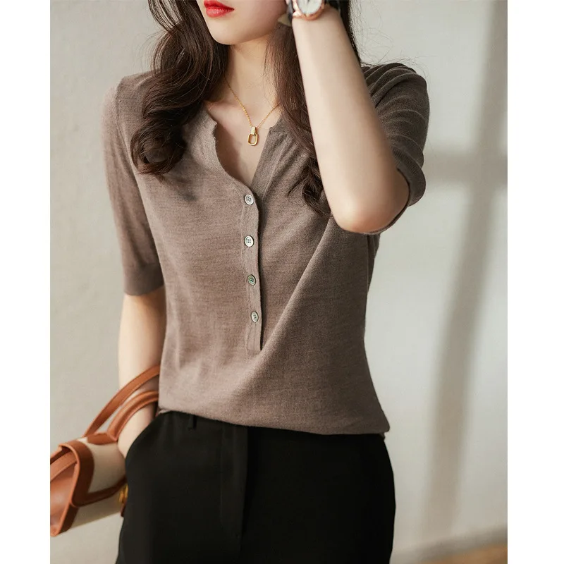 

Half Sleeve Henley Sweater Knitted Top Button Front Pullovers