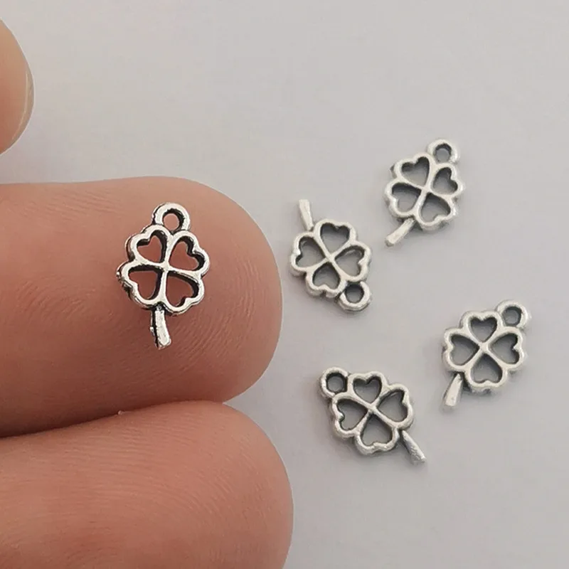 100 pcs 14x10mm  Silver Charms Mini  Lucky Irish Four Leaf Clover Diy Necklace Bracelet Jewelry Findings  designer charms