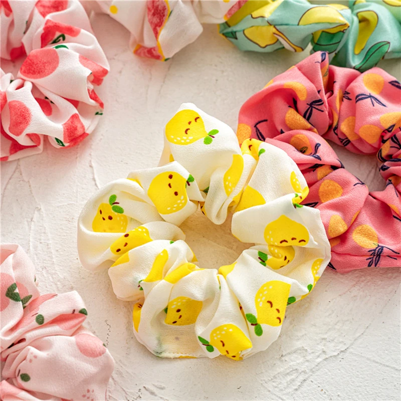 

Summer Fruit Print Scrunchies Lemon Grapefruit Pear Peach Printed Elastic Hair Rubber Band Women Girls Headwear Hair Accessories