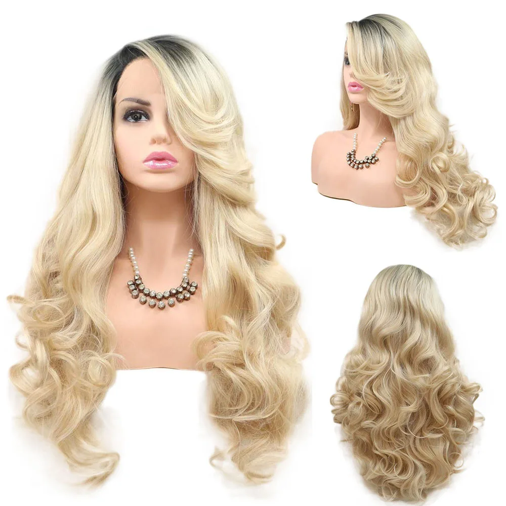 

Blonde 2T Ombre with Dark Roots Body Wave Lace Front Wigs Long Blonde Wave Curly Looking Glueless Synthetic Wig with Baby Hair