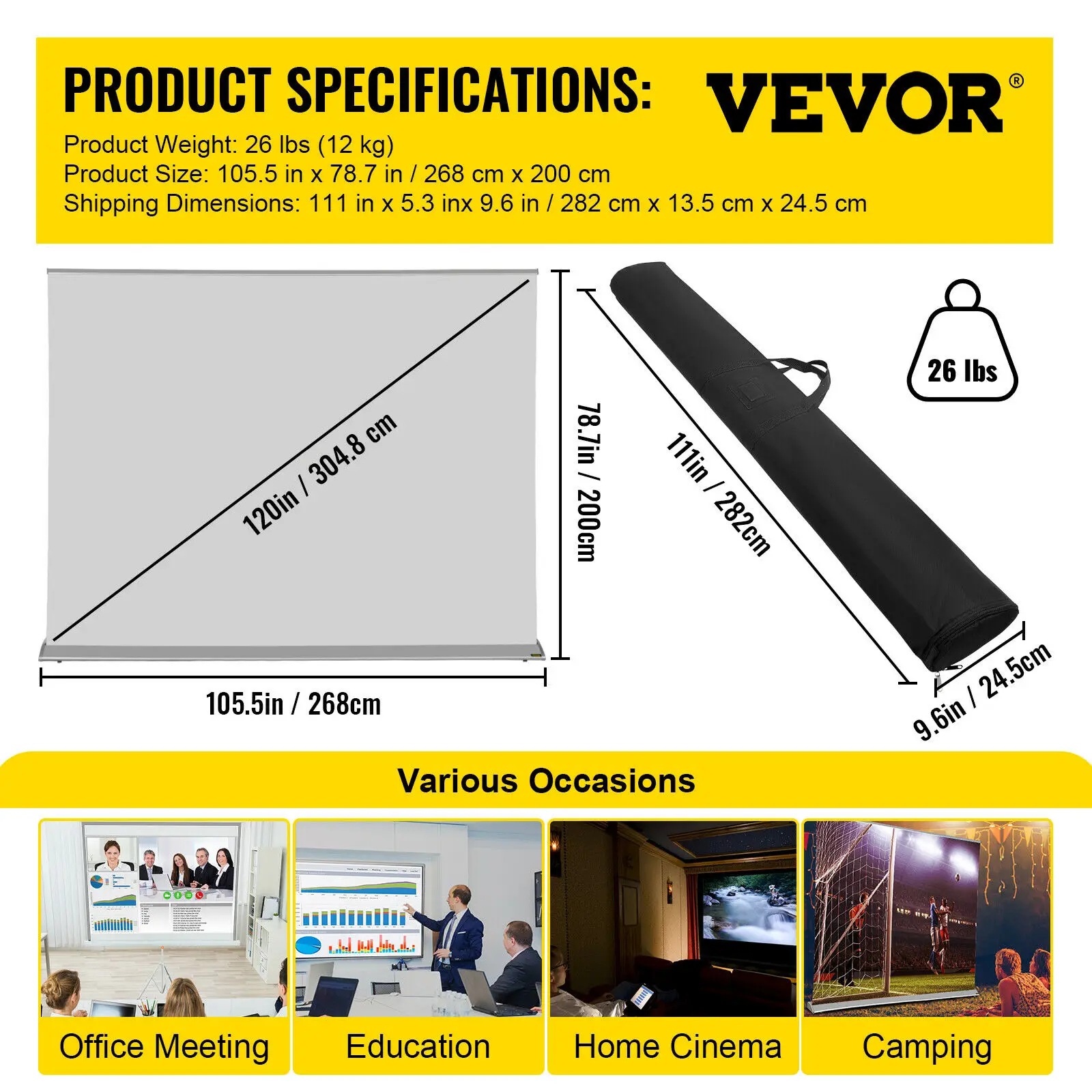 VEVOR 70 110 120 Cal Roll-Up ekran projektora podłogowa stojąca 16:9 8K/4K HD przenośne kino domowe do projekcji wewnątrz i na zewnątrz