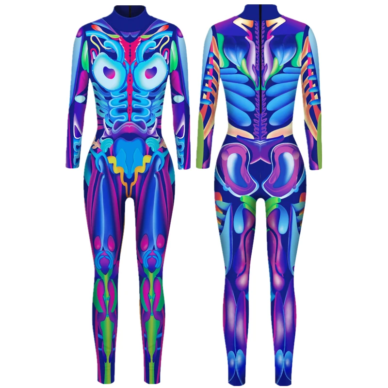 หุ่นยนต์ Punk Skeleton Cyberpunk Steampunk เซ็กซี่ Slim Jumpsuit Catsuit ชุดคอสเพลย์ Zentai บอดี้สูทเสื้อผ้าฮาโลวีน