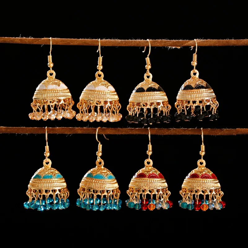 Ethnic Boho Beads Jhumka Earrings Womens 2022 Vintage Turkish Gold Color Carved Alloy Bollywood Bell Dangle Earrings