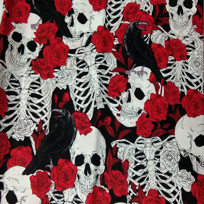 25x23cm 4pcs Quality Halloween Black Red Poker Flower Skull Printed Cotton Fabric Bundle DIY Sewing Patchwork Decoration