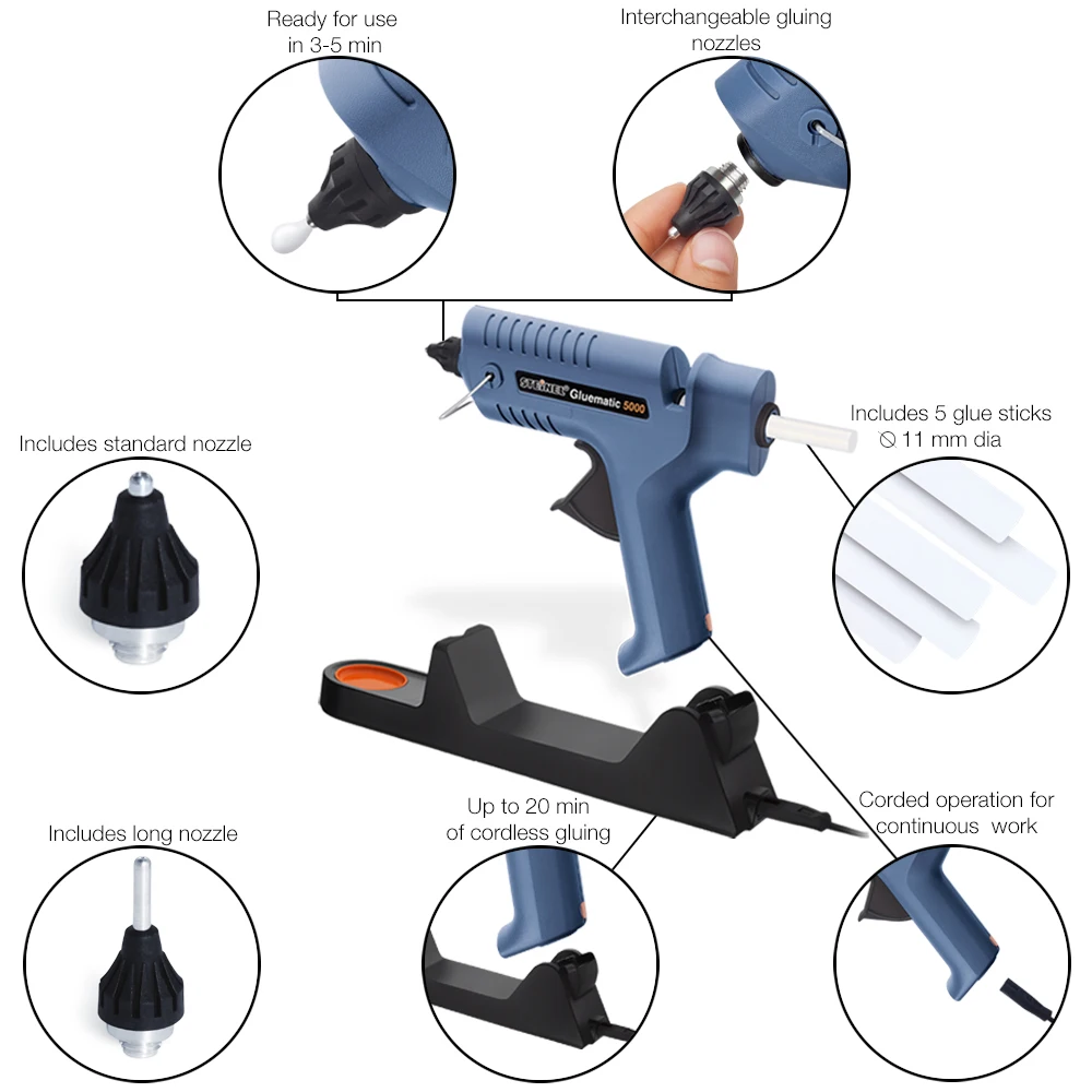 Germany Steinel GL-5000 Regenerative Wireless Hot Melt Glue Gun 220-240V with 5 pieces 11mm Glue Sticks Replaceable Nozzle