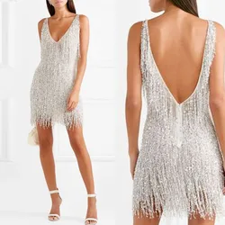 2024 New Sexy Deep V Neck Sleeveless Mini Dress Women Sparkly Sequines Tassel Sweet Cute Short Fringed Fashion Party Dress