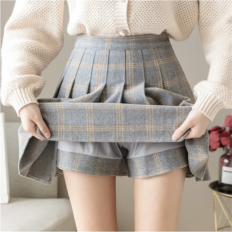 

Plaid Woolen Skirt 2021 Autumn Winter Women High Waist Pleated Skirts Female A Line Short Skirt Students All Match Mini Skirts