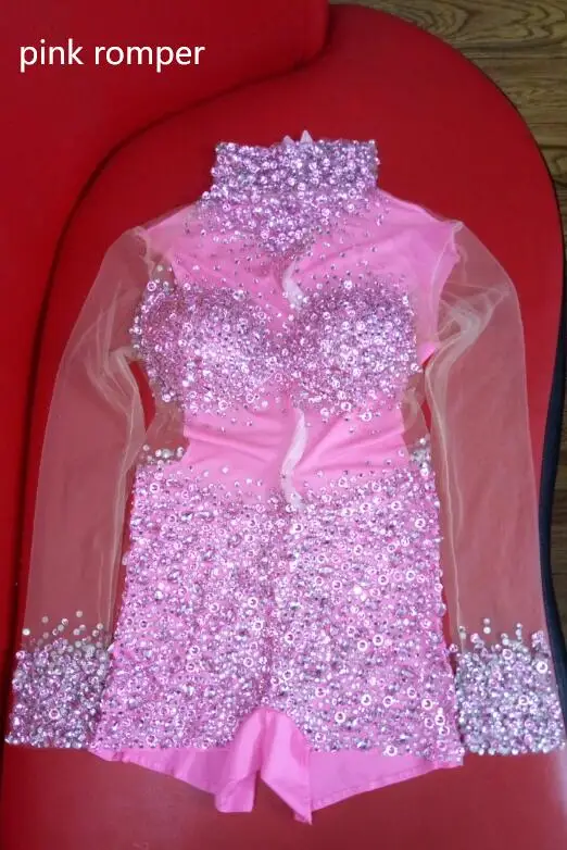 Sexy Mesh Transparent Stones Bodysuit Birthday Party Outfit Rhinestones Rompers Women Singer Team Dance Pink White Blue  Costume