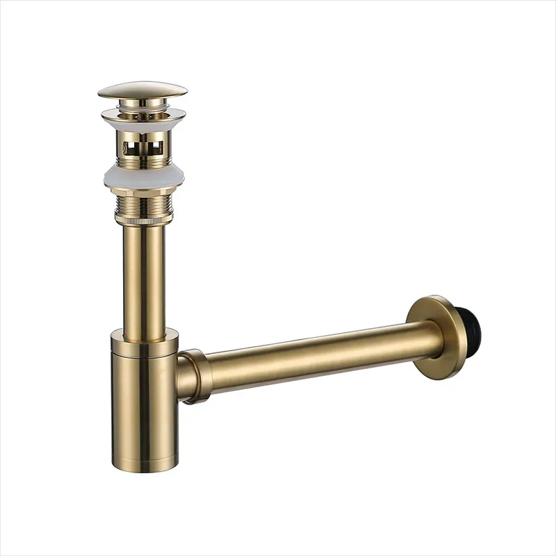 Copper Drains Set Brass Round Siphon P-TRAP Deodorization Bathroom Vanity Basin Pipe Waste With Pop Up Drainer Brushed Gold