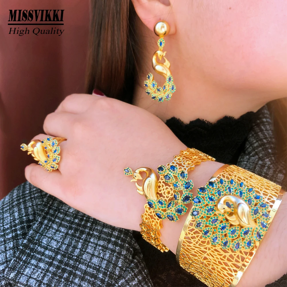 Missvikki New Luxury Peacock Bangle Ring Set Jewelry Sets For Women Wedding Cubic Zircon Crystal CZ Dubai Bridal Jewelry Set