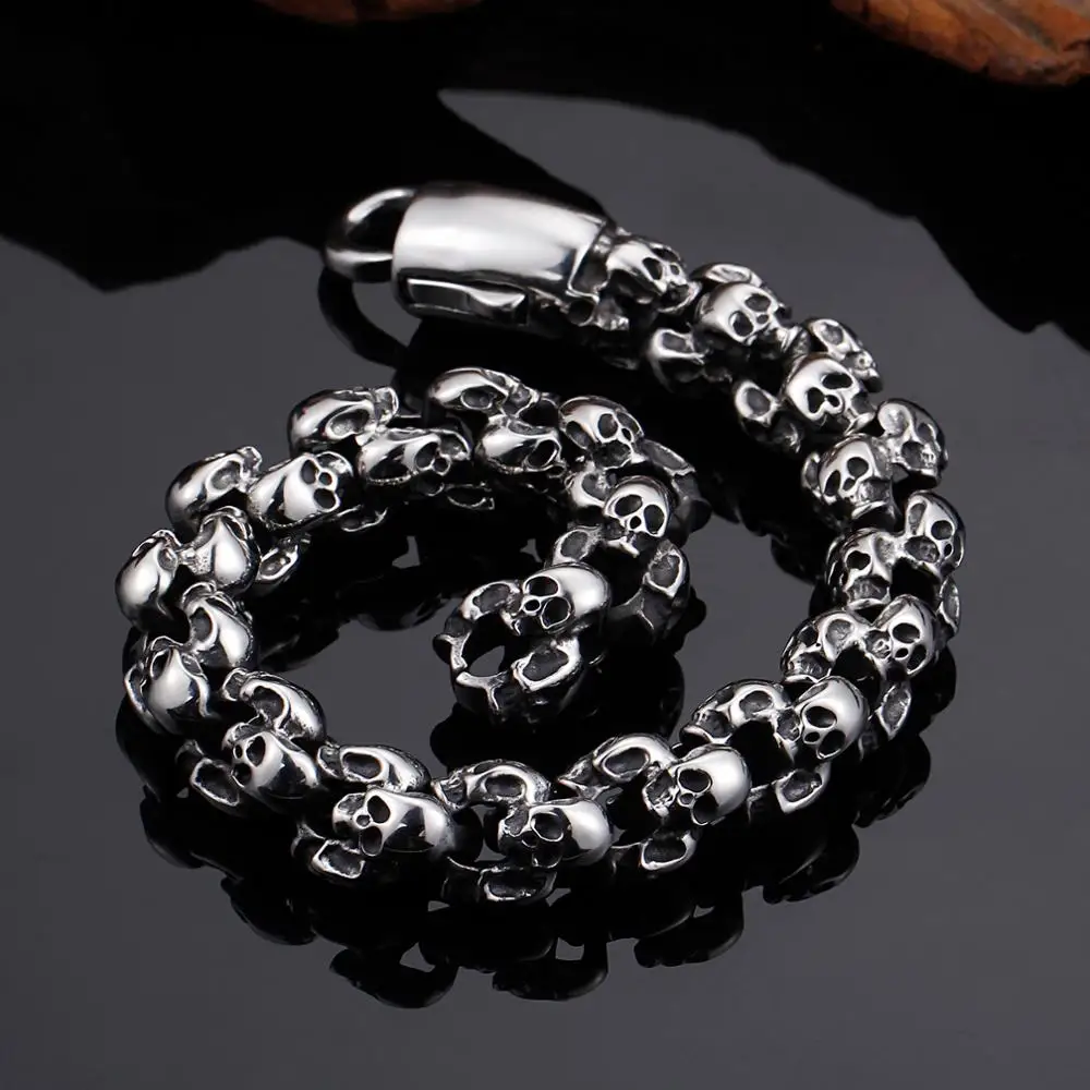 12mm Punk Skull Bracelets For Men Stainless Steel 316L Skeleton Lion Charm Link Chain Male Gothic Jewelry