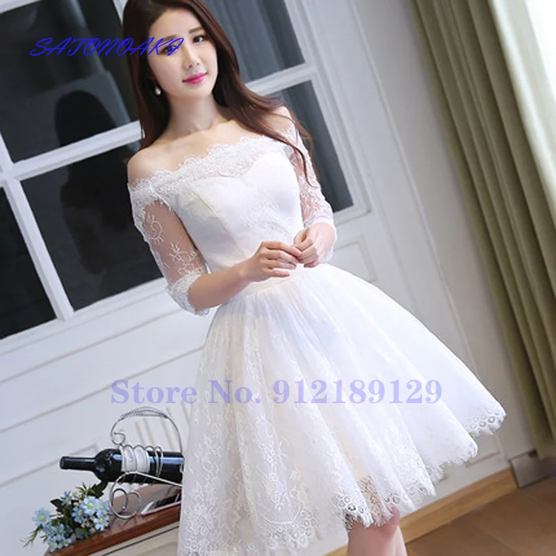 Vestidos De Novia Vintage ลูกไม้ครึ่งแขนชุดแต่งงานสั้น Off Shoulder Lace Up กลับราคาถูก Beach เจ้าสาวชุด