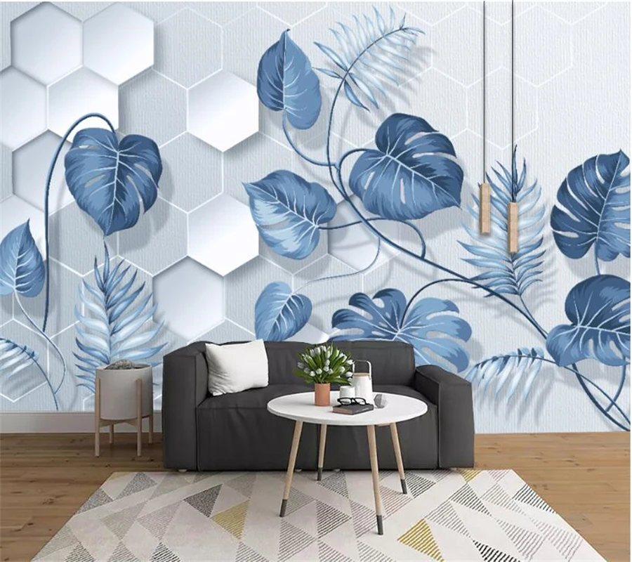 wellyu Custom mural three-dimensional relief hand-painted blue fresh tropical plant leaves living room background wallpaper