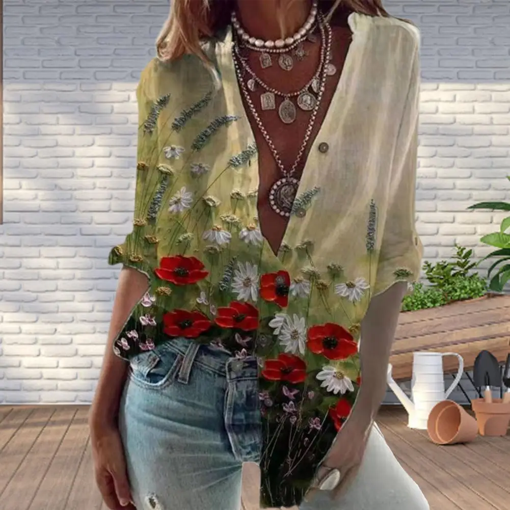 3XL Fashion Shirts Elegant Women Blouse Buttons Casual Loose Floral Print Party Tops Long Sleeve Blusas Plus Size for Office 202