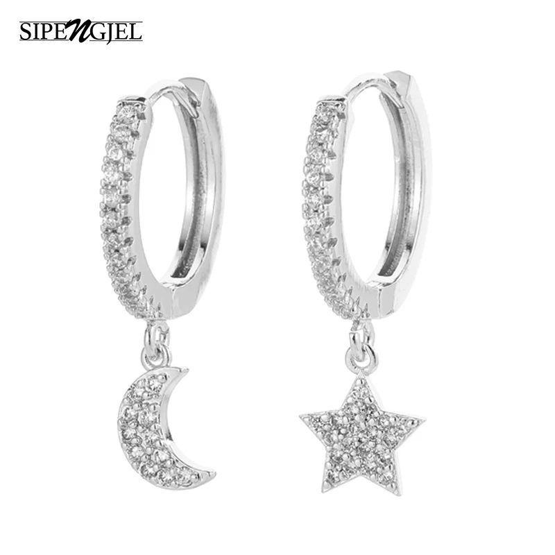 SIPENGJEL Fashion Shiny Zircon Huggie Hoop Earrings Classic Geometric Moon And Star Pendant Hoop Earrings For Women Jewelry Gift