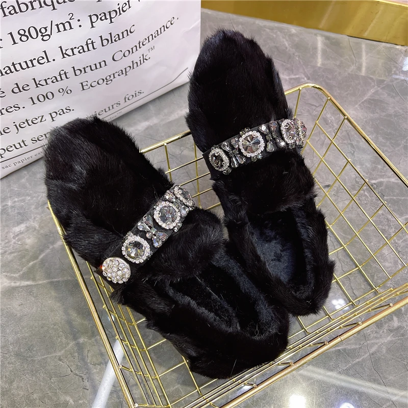 Black Women Crystal Casual Loafers Winter Warm Fur Smoking Shoes Woman Big Size Espadrilles Ladies Flats Creepers