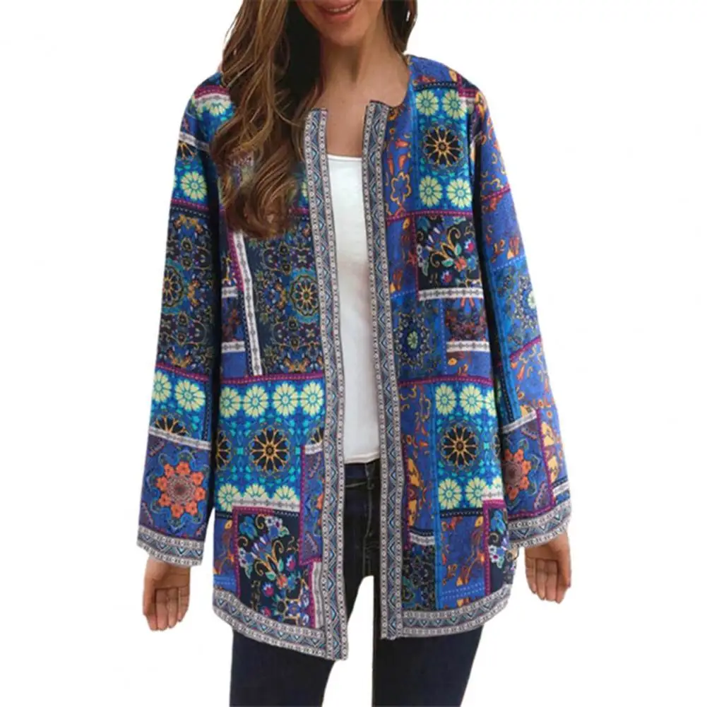 Vintage Women Jacket 2022 Cardigan Coat Ethnic Print Pockets Autumn Winter Long Sleeve Open Stitch Jacket Warm