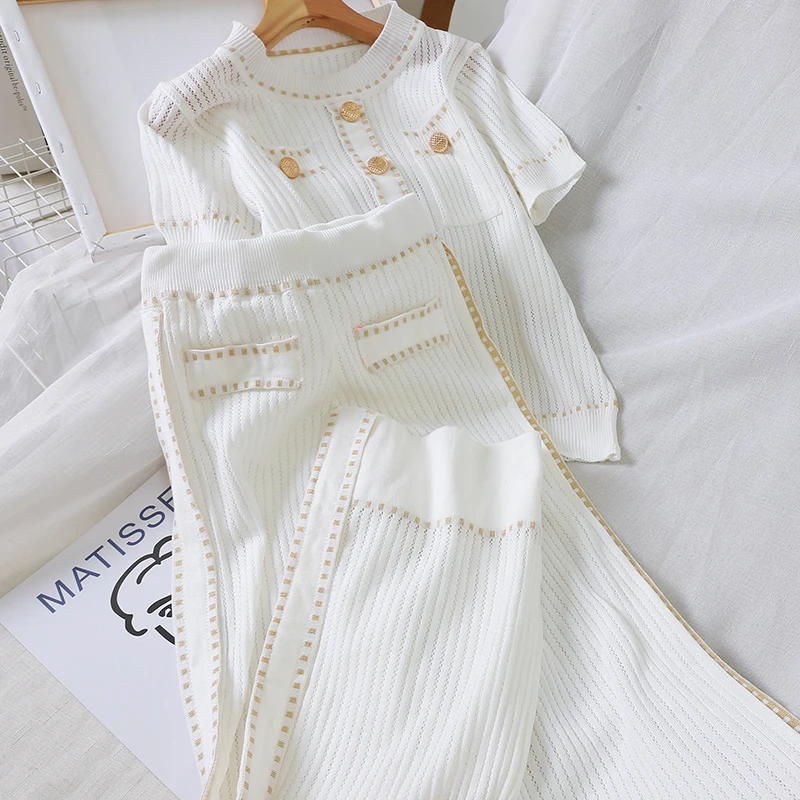 New Summer 2024 White/Black Knitted Women Two Piece Set Elegant Short Sleeve O-neck Casual Tops Shirts And Loose Pants Suits