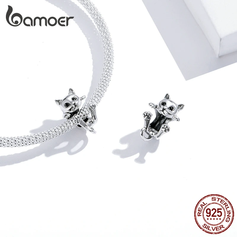 Bamoer Authentischer 925er Sterlingsilber-Charm mit süßen Katzen- und Kitty-Tierperlen für Original-3-mm-Armbänder, Armreifen, Mädchen, Geschenke BSC208